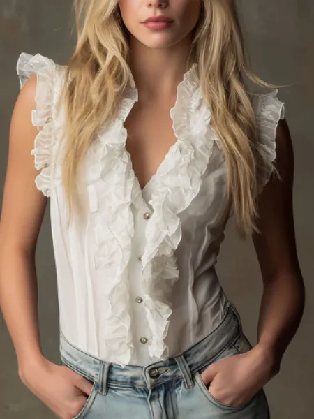 White Ruffle Chiffon Top
